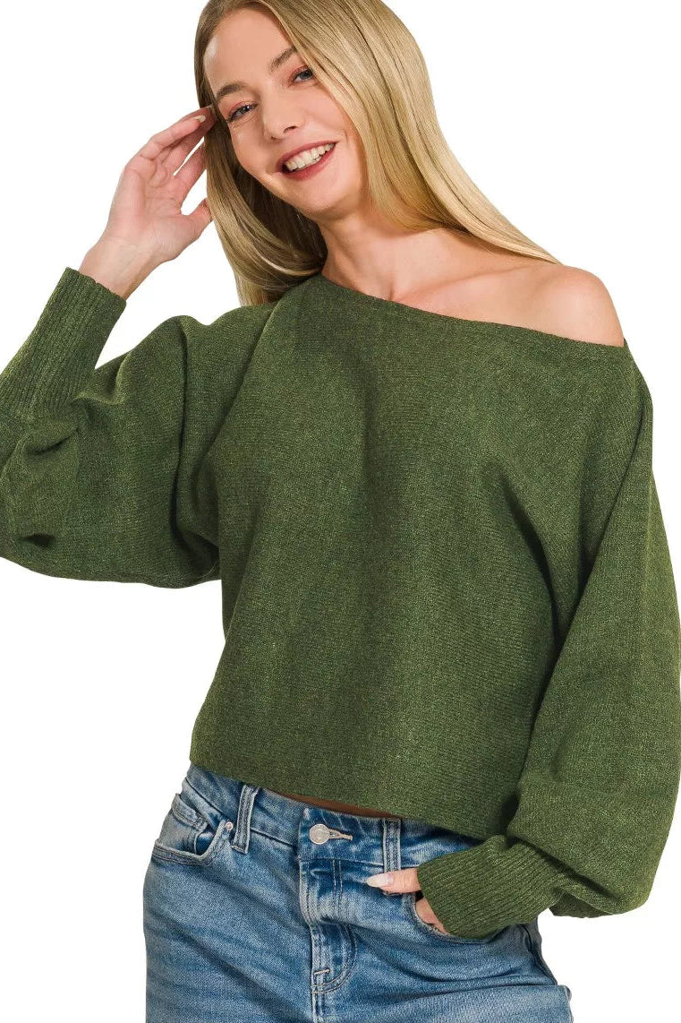 Dark olive boat-neck sweater with loose balloon sleeves and ribbed cuffs