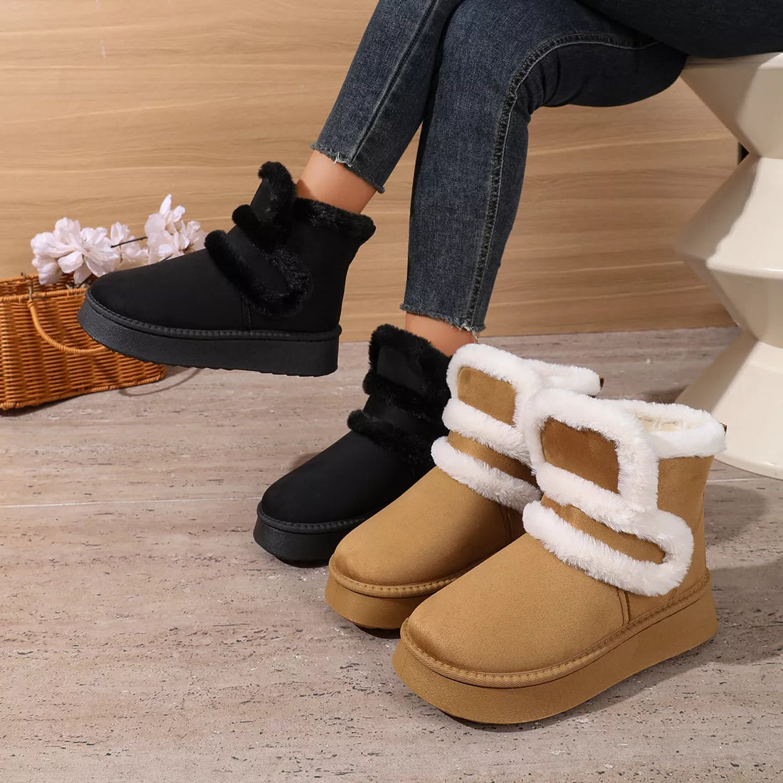Black round-toe platform boots with faux-fur trim and crisscross straps