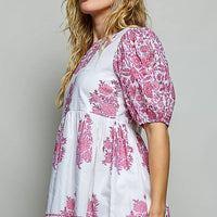 Ivory and pink floral hand-block print blouse, short puff sleeves