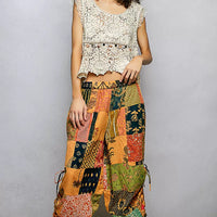 Printed patchwork wide-leg pants with elastic waistband and side drawstring ties
