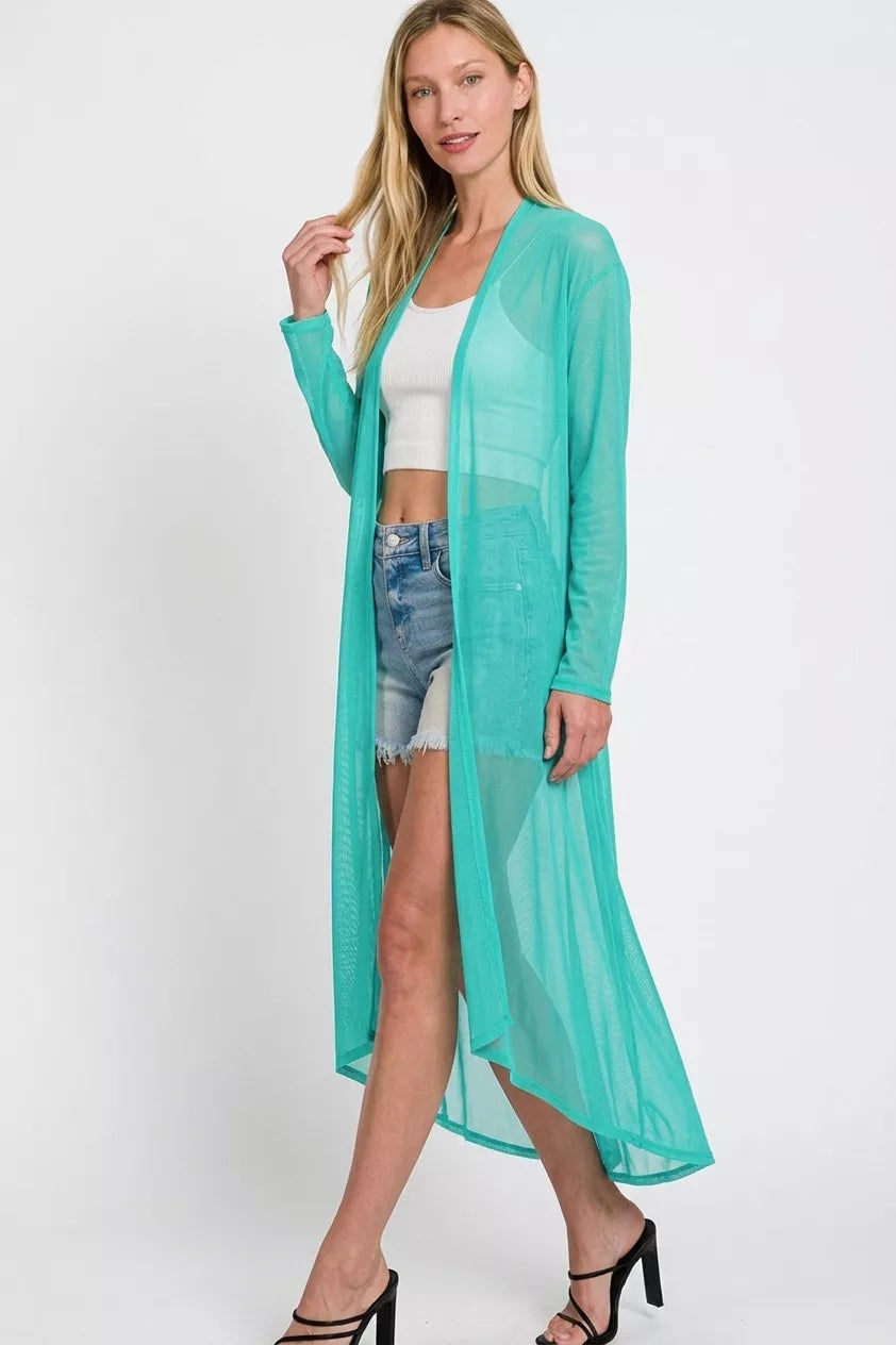 Turquoise mesh open-front cardigan, sheer long length with 3/4 sleeves