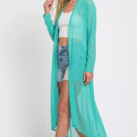 Turquoise mesh open-front cardigan, sheer long length with 3/4 sleeves