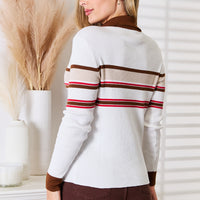 White striped rib-knit top with collared neckline and button placket, back view