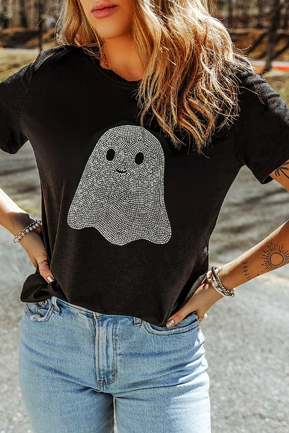 Black plus-size rhinestone ghost graphic T-shirt, round neck, short sleeves