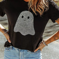 Black plus-size rhinestone ghost graphic T-shirt, round neck, short sleeves