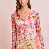 Floral mesh cardigan top with pink floral print, V-neck and button front, long sleeves
