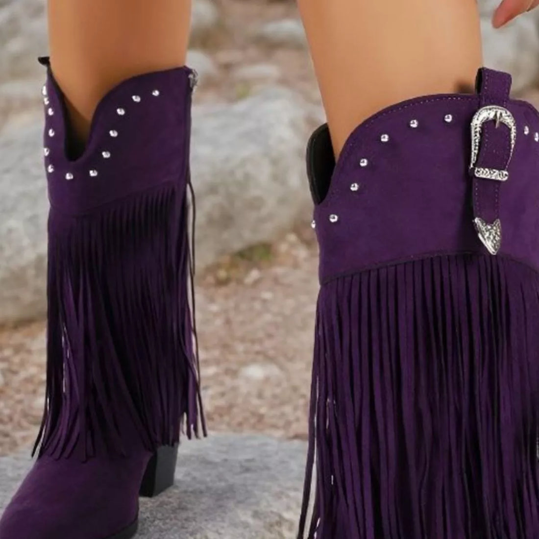 Purple fringe round-toe block-heel boots with studded strap and double ankle buckles