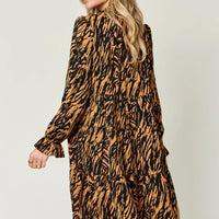 Caramel and black animal-print long-sleeve dress with tiered ruffle details