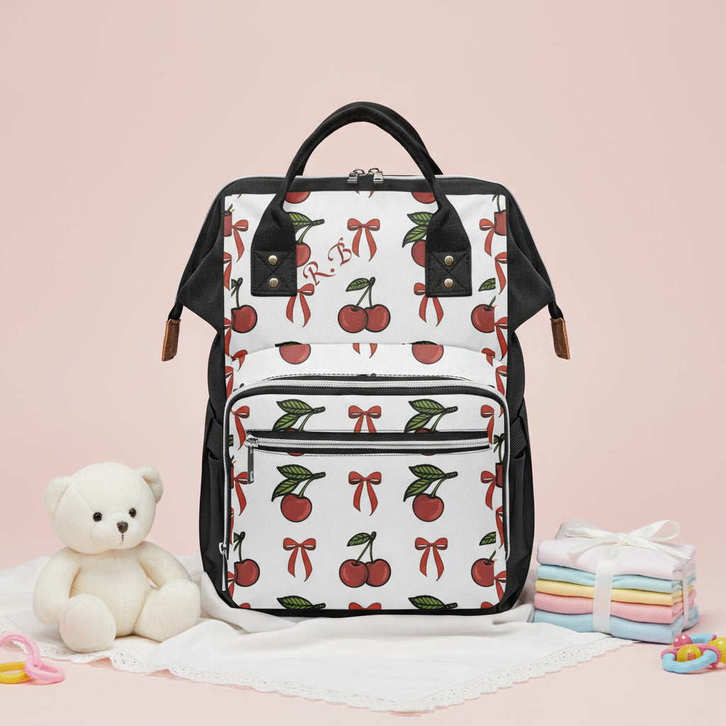Diaper Bag Backpack Large | Personalized White Cherry & Red Bow Print