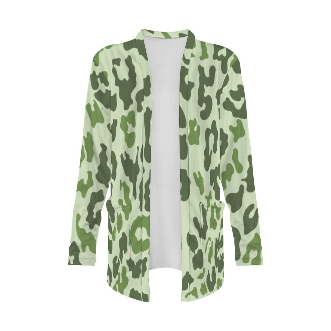 Green Leopard Print Open-Front Cardigan with Pockets