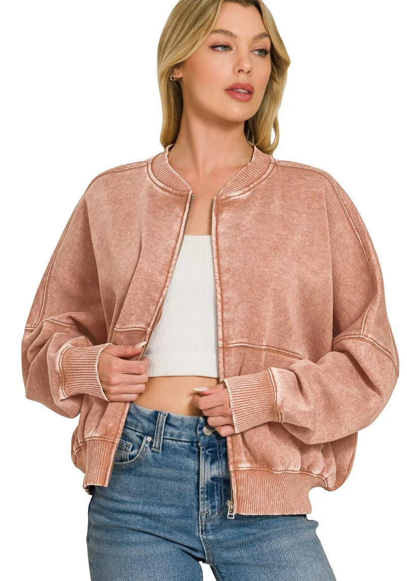 Rust acid-washed fleece zip jacket with ribbed zipper placket and front pocket