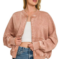 Rust acid-washed fleece zip jacket with ribbed zipper placket and front pocket