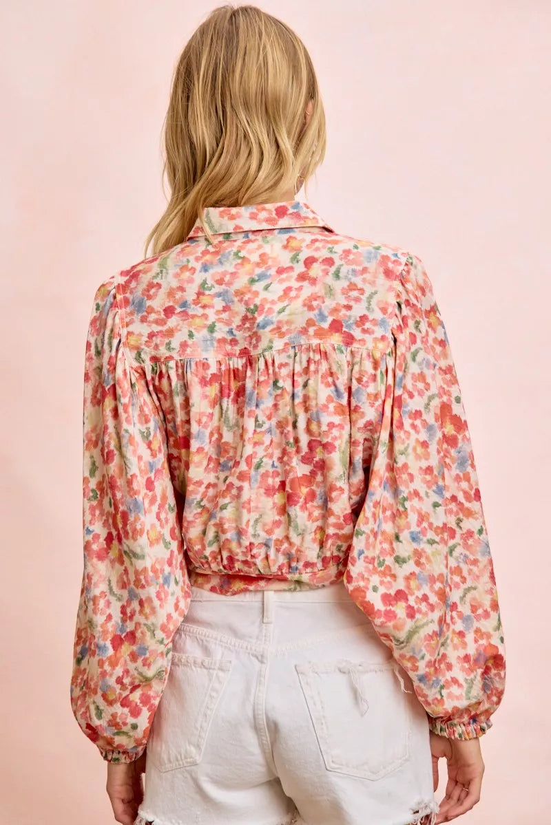 Floral print crop shirt back view with gathered yoke and tied hem