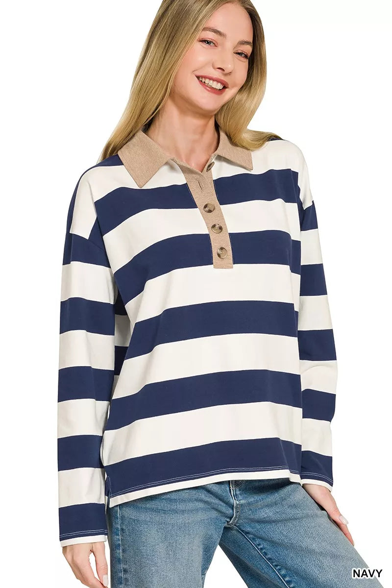 Navy and white striped polo shirt with contrast collar and button placket, long sleeves