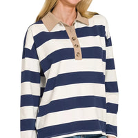 Navy and white striped polo shirt with contrast collar and button placket, long sleeves