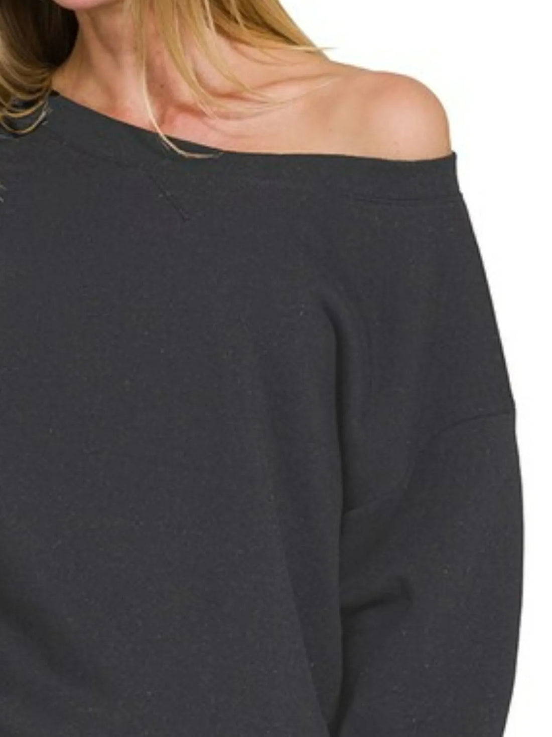 Black fleece off-shoulder sweatshirt with boat-neck seam detail, long sleeve