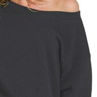 Black fleece off-shoulder sweatshirt with boat-neck seam detail, long sleeve