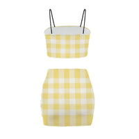 Lemon and White Gingham Co Ord Set - Women's Crop Tank Top & Mini Skirt Two-Piece Outfit