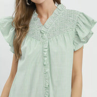 Mint striped smocked yoke ruffle dress with button-front placket and flutter sleeves