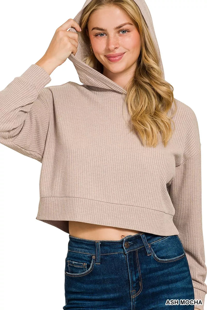 Ash mocha ribbed crop hoodie with hood, dropped shoulders, long sleeves