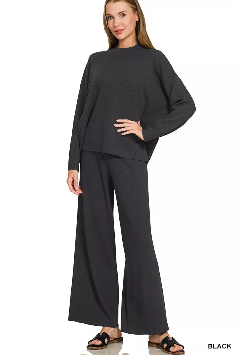 Black viscose sweater top and wide-leg pants set, crew neck, long sleeves