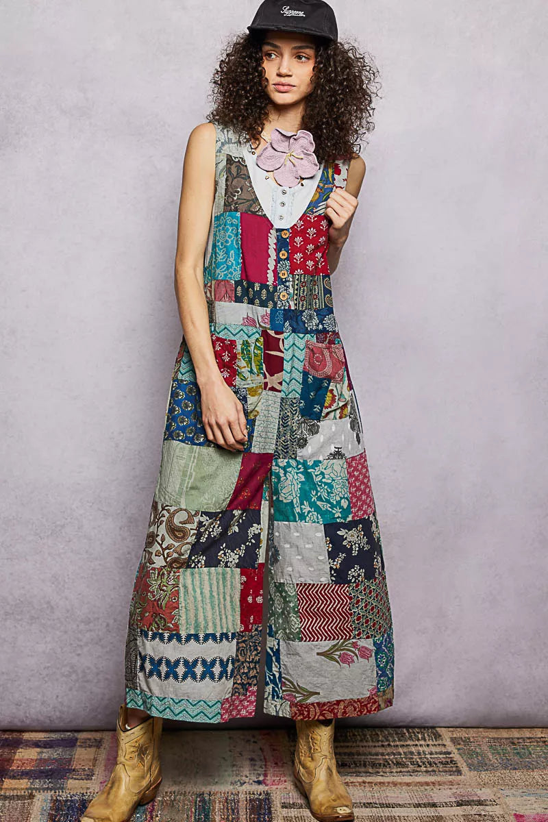 Patchwork wide-leg jumpsuit, sleeveless with multicolor patch blocks and crew neckline