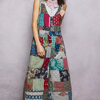 Patchwork wide-leg jumpsuit, sleeveless with multicolor patch blocks and crew neckline