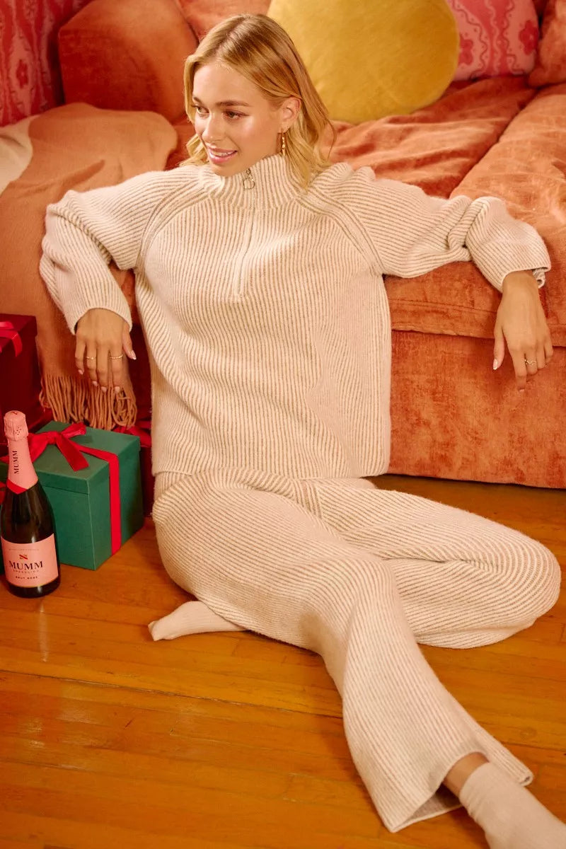 Taupe two-tone ribbed knit collared zip top, long sleeves and straight leg fit