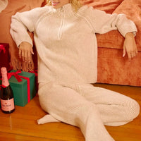 Taupe two-tone ribbed knit collared zip top, long sleeves and straight leg fit