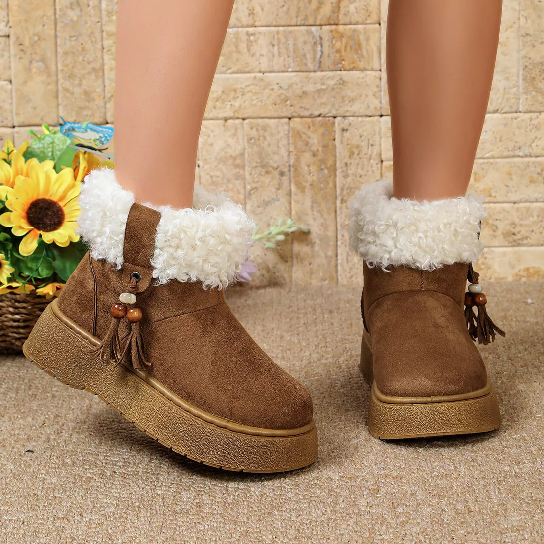 Faux fur lined ankle boots, round toe, brown suede with white fuzzy cuffs and side tassel details