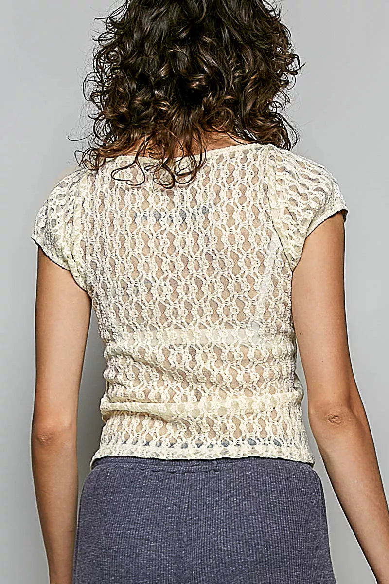 Natural lace short-sleeve top with scalloped lace back detail