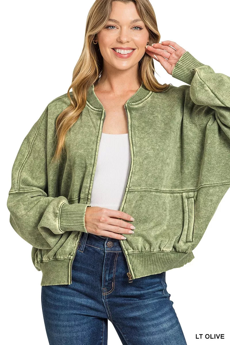 Olive acid-washed fleece zip jacket with ribbed cuffs and hem, front pockets