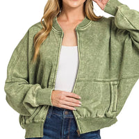 Olive acid-washed fleece zip jacket with ribbed cuffs and hem, front pockets