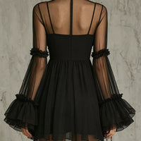 Black sheer mesh mini dress, backless with ruffled flare sleeves and tiered skirt