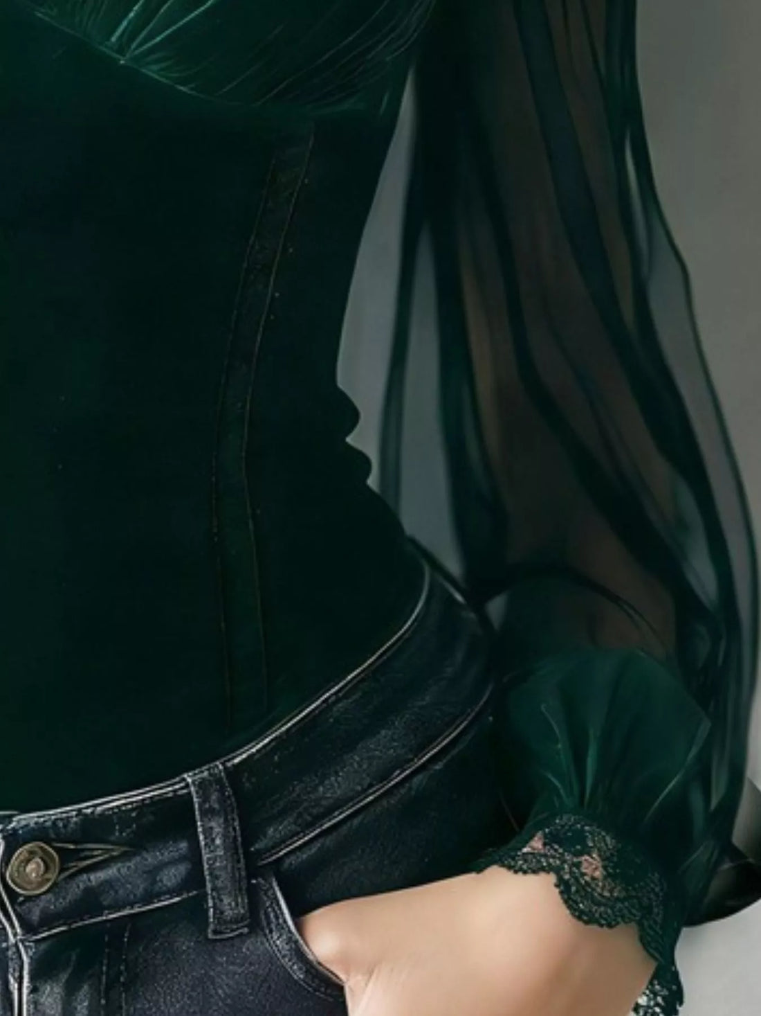 Dark green velvet blouse with lace trim and sheer sleeves, fitted bodice detail