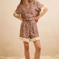 Leopard print ruffled top and shorts set with scalloped eyelet lace hem