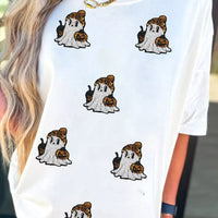 White short-sleeve t-shirt with cartoon ghost dog print across chest