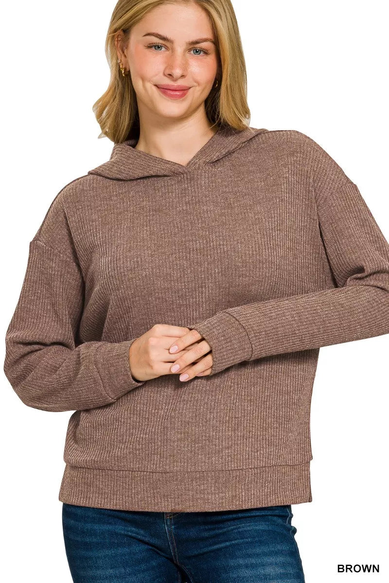 Brown ribbed long sleeve hoodie with hood and kangaroo pocket, relaxed fit