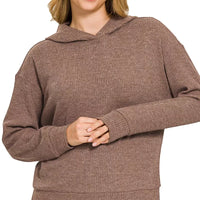 Brown ribbed long sleeve hoodie with hood and kangaroo pocket, relaxed fit