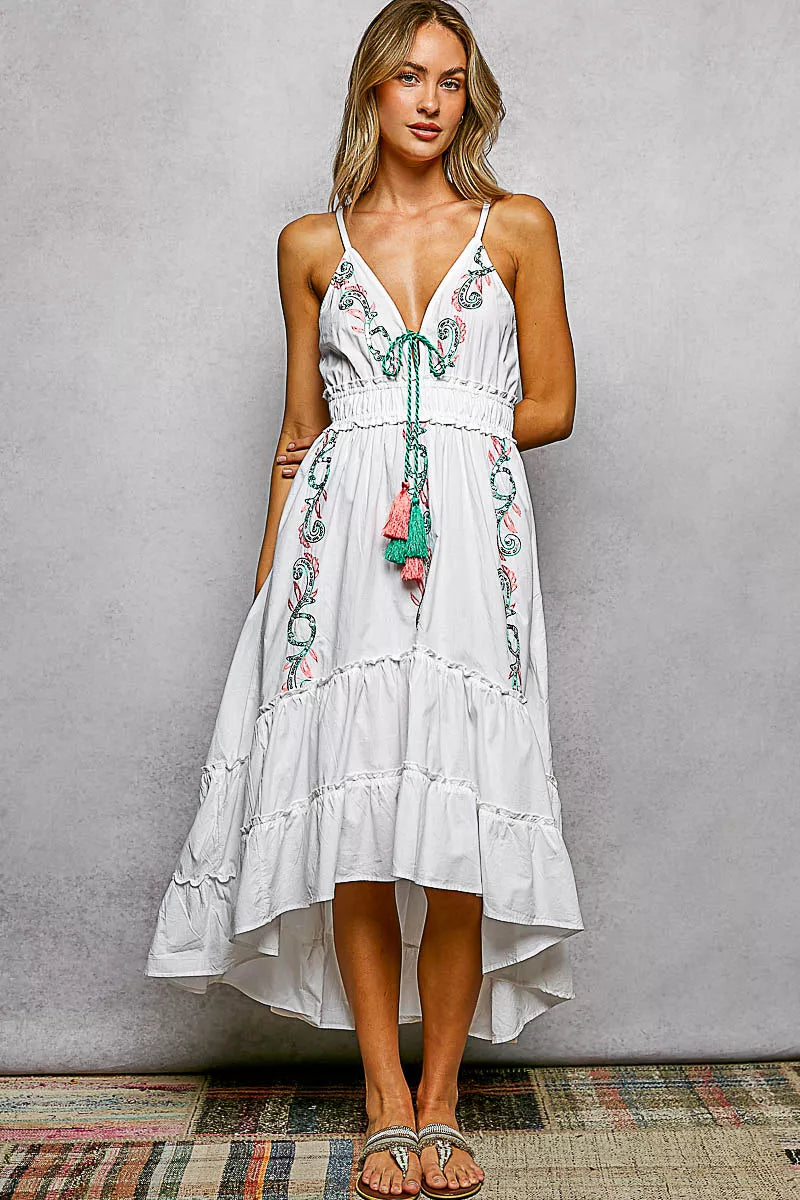 Ivory tiered cami midi dress with embroidered straps and smocked waist