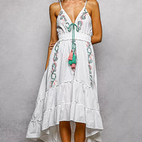 Ivory tiered cami midi dress with embroidered straps and smocked waist