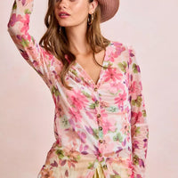 Floral mesh button-up cardigan top with V-neck, pink floral pattern, button front, long sleeves