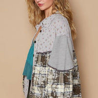 Women's side floral button-front shirt with balloon sleeves and plaid front patch pocket