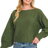 Dark olive boat-neck knit sweater with long sleeves and ribbed hem