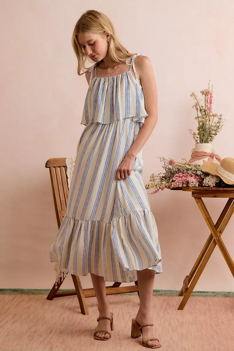 Blue and white vertical stripe tiered midi dress with ruffle shoulder straps