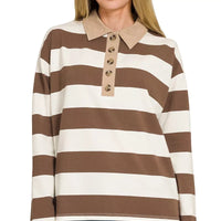 Brown and cream striped long-sleeve polo tee with buttoned henley collar