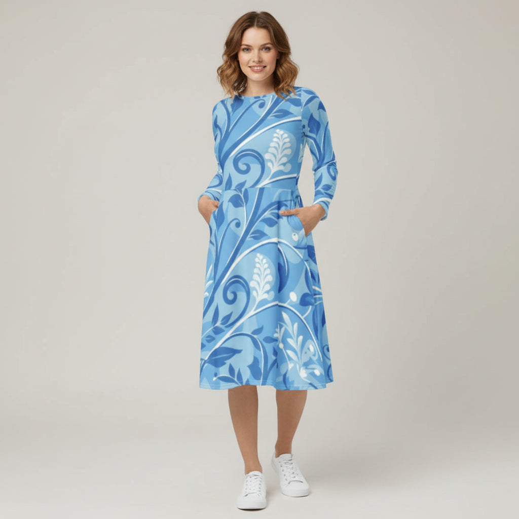 Cobalt Swirl Blue Floral Dress | Light Blue White Midi