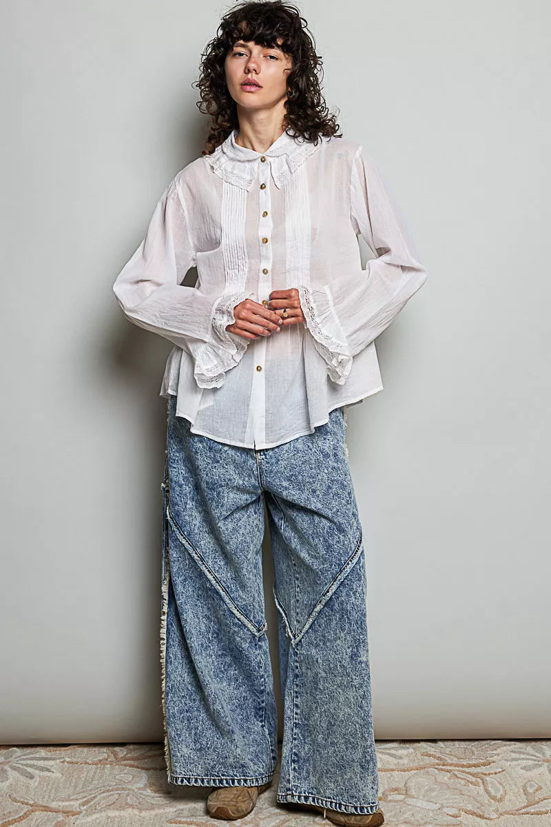 Ivory pintuck button-down shirt with lace-trim collar and long sleeves