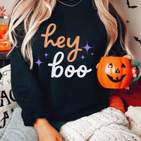 Black Halloween sweatshirt with 'hey boo' orange and white lettering front print