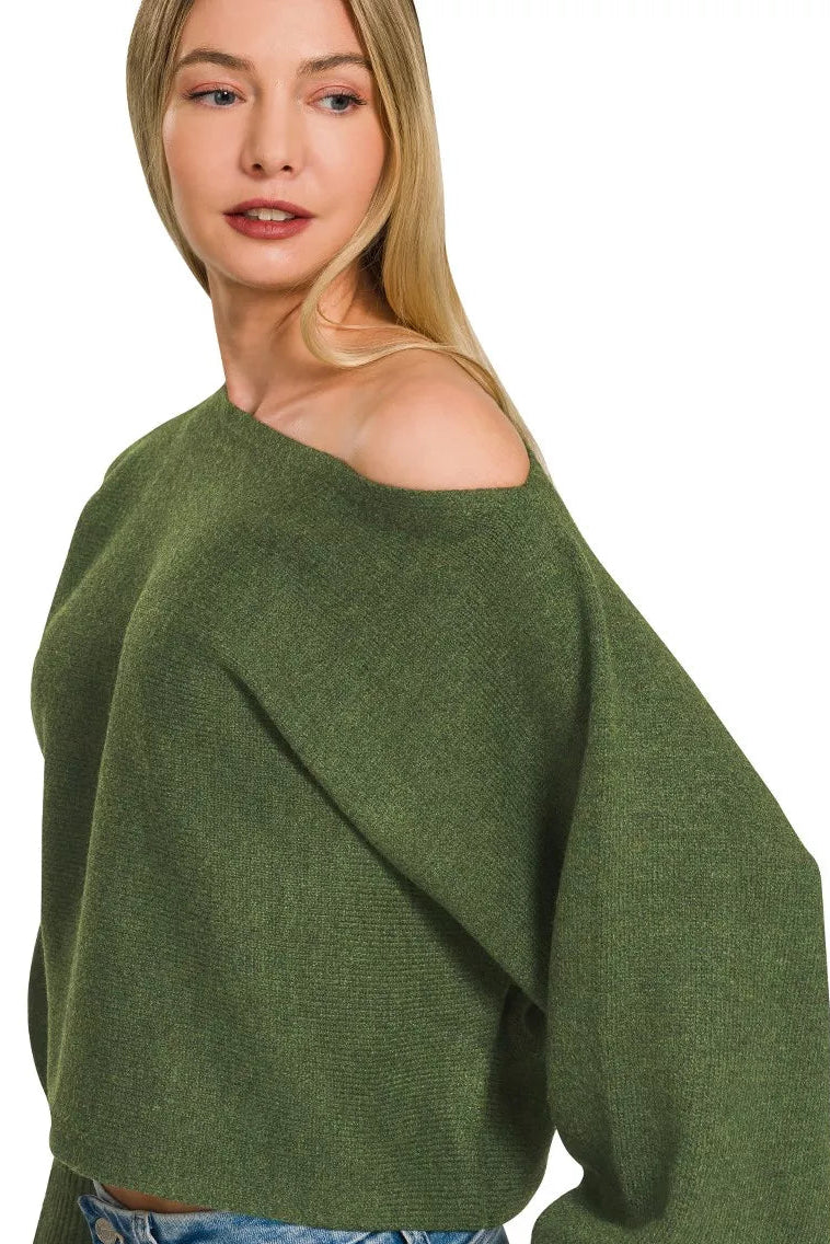 Dark olive boat-neck sweater with off-shoulder neckline and roomy balloon sleeves